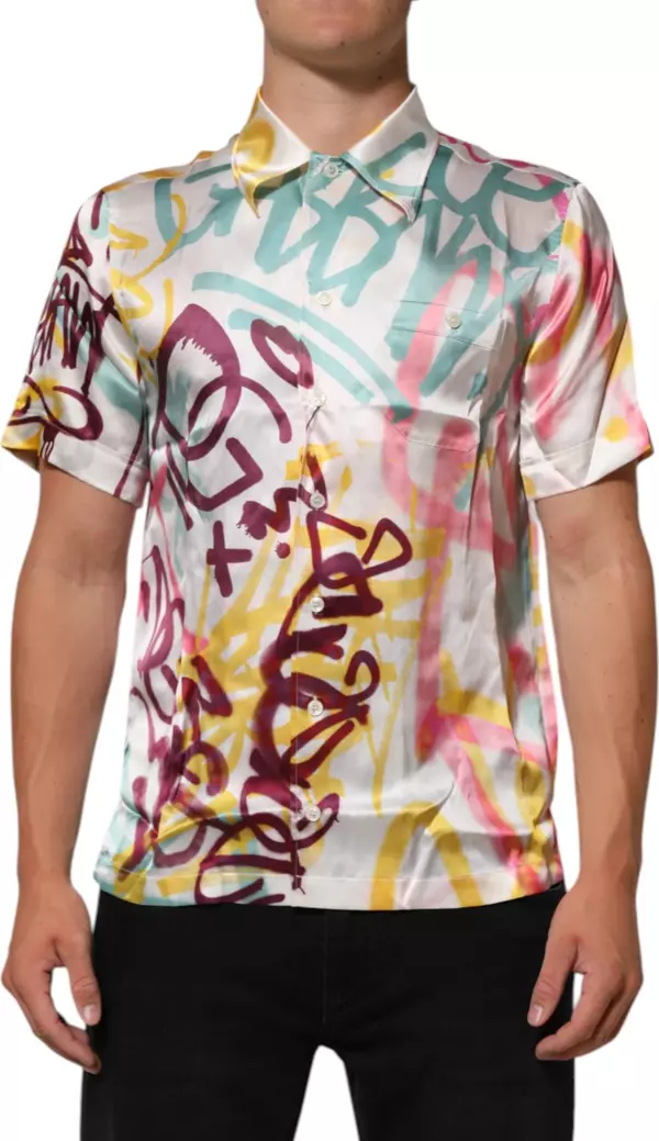 White Silk Hawaiian Graffiti Print Men Casual Shirt