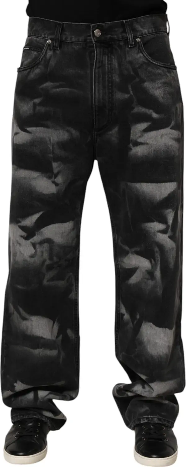 Black Marbled Effect Straight Men Denim Jeans