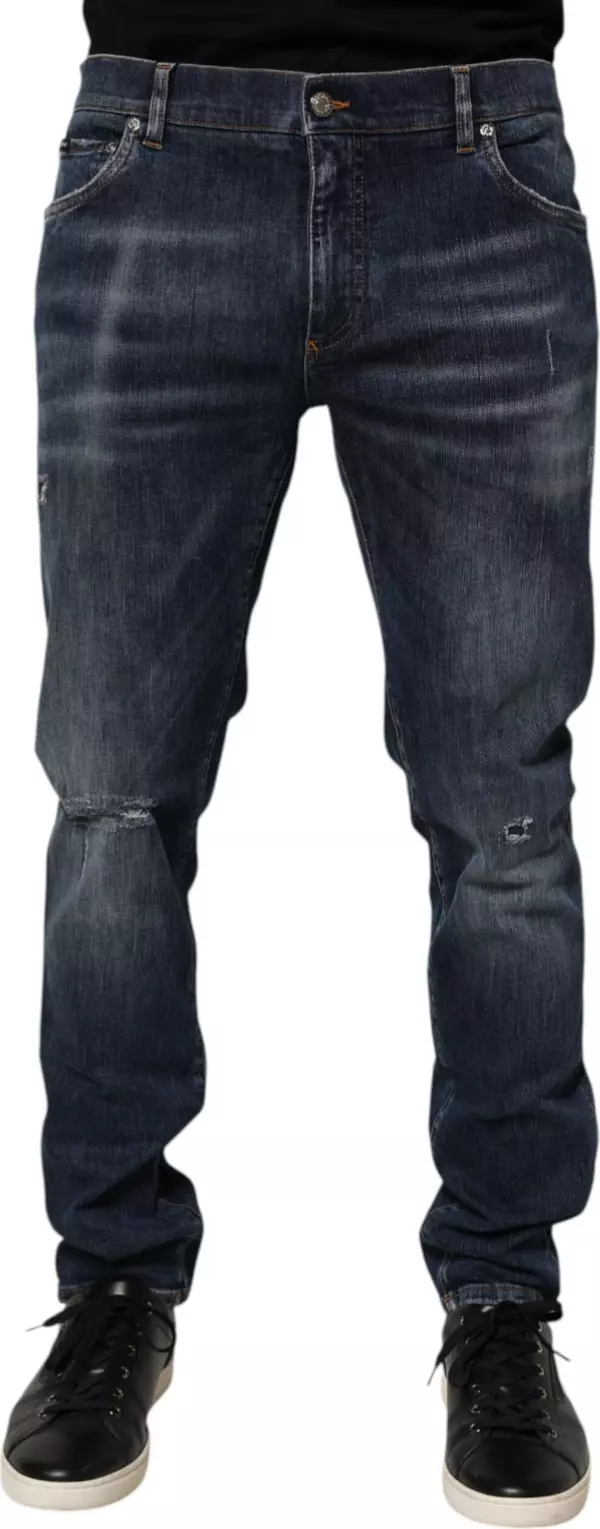 Dark Blue Washed Running Ripped Denim Jeans
