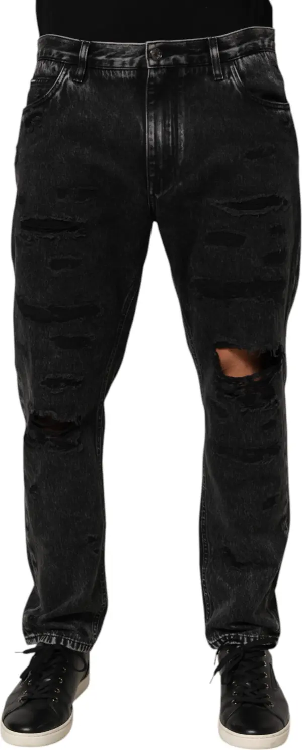 Black Washed Ripped Loose Cotton Denim Jeans