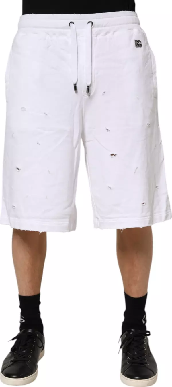 White Ripped Mid Waist Casual Bermuda Short