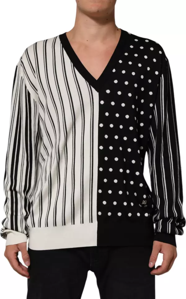 Black White Stripe Polka V-Neck Pullover Sweater