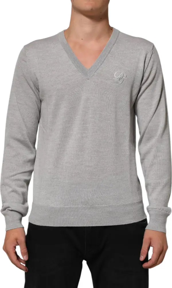 Gray Wool Knit Logo V-Neck Pullover Sweater
