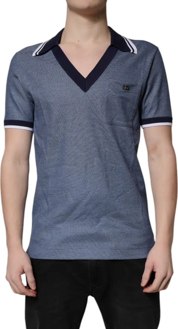Blue Collared V-neck Silk Blend Polo T-shirt