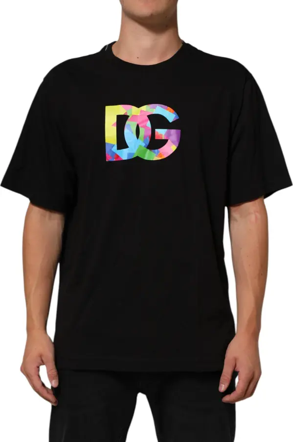 Black Logo Print Cotton Men Crew Neck T-shirt