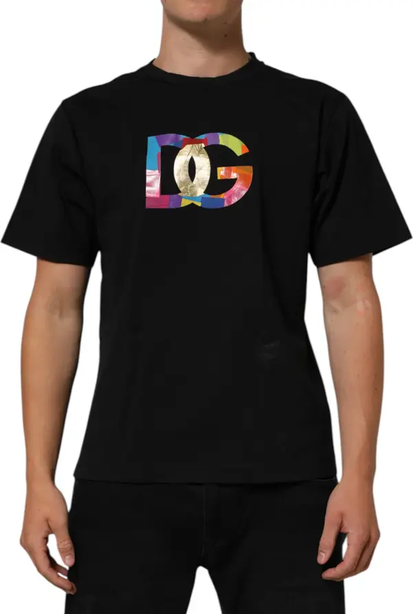 Black Logo Print Cotton Men Crew Neck T-shirt