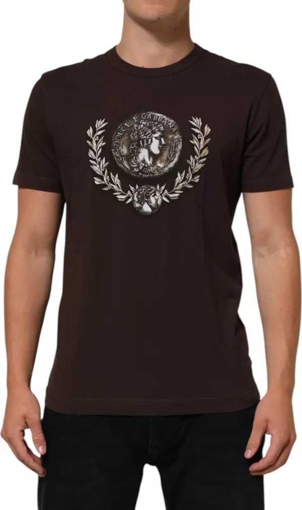 Brown Coin Laurel Print Men Crew Neck T-shirt