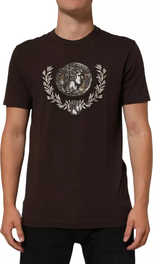 Brown Coin Laurel Print Men Crew Neck T-shirt