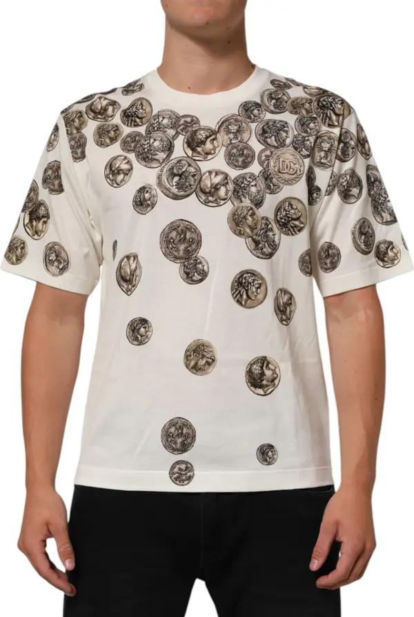 White Coin Print Cotton Crew Neck Men T-shirt