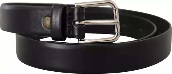 Black Calf Leather Silver Tone Logo Buckle Belt