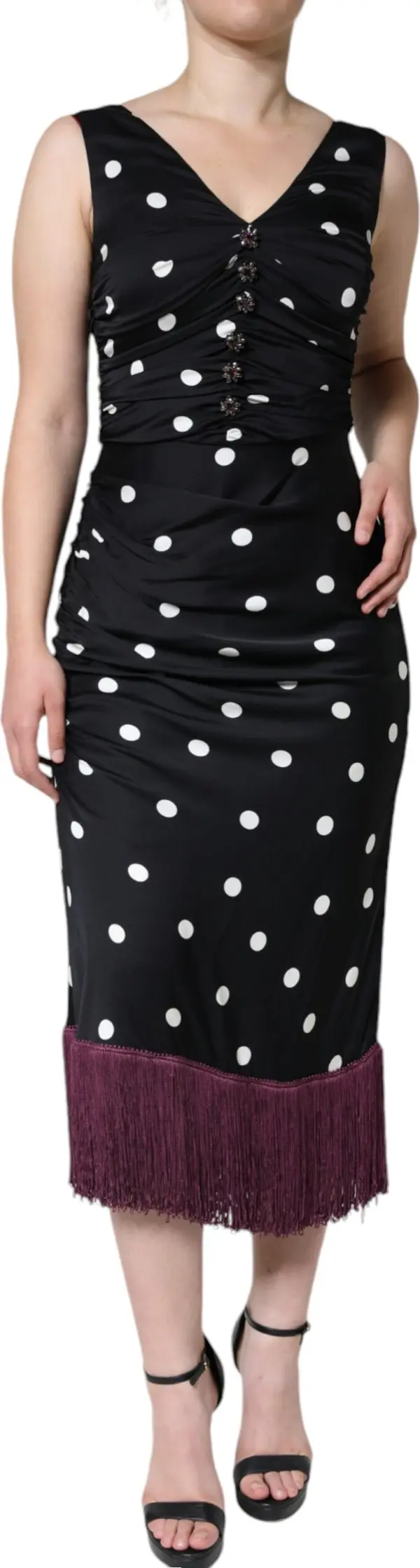 Black Silk Polka Dot Vneck Tassel Midi Dress