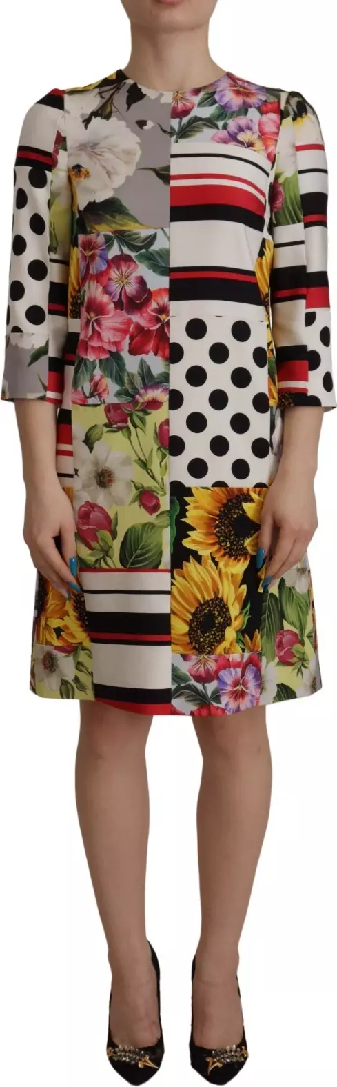 Multicolor Pachwork Charmeuse Floral Shift Dress