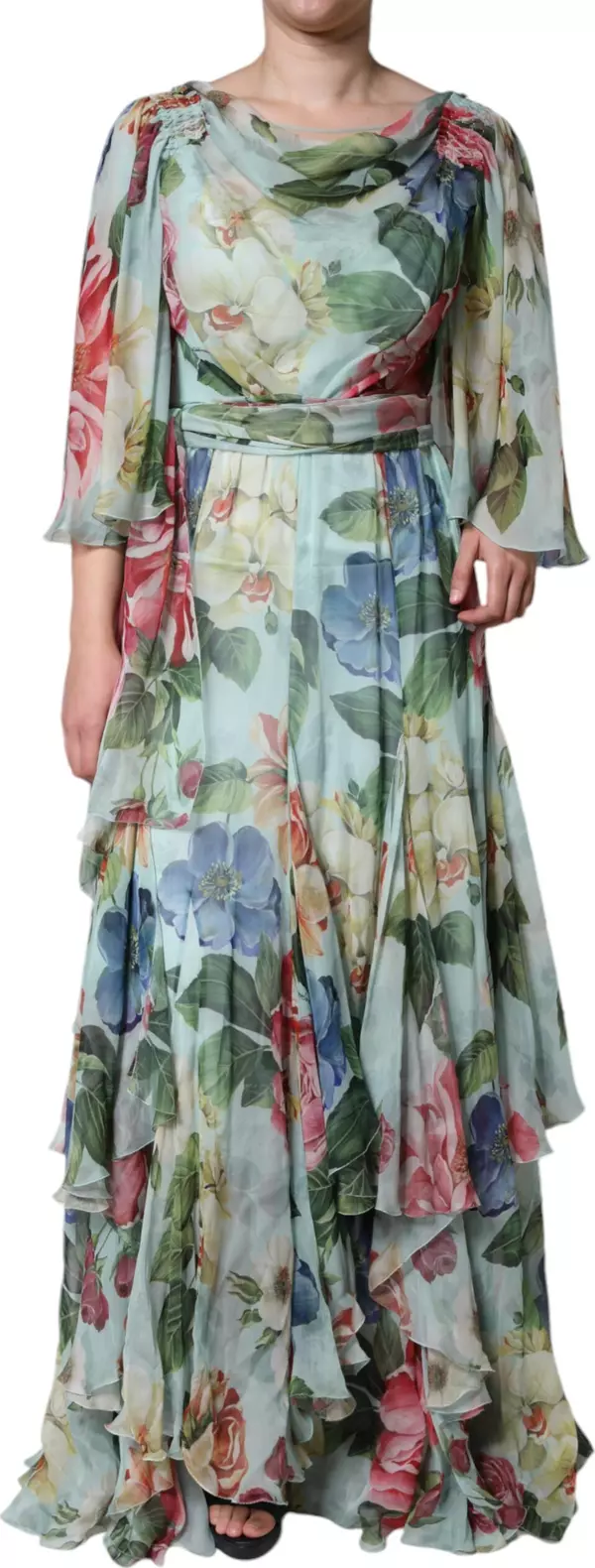 Blue Floral Print Tiered Long Maxi Dress
