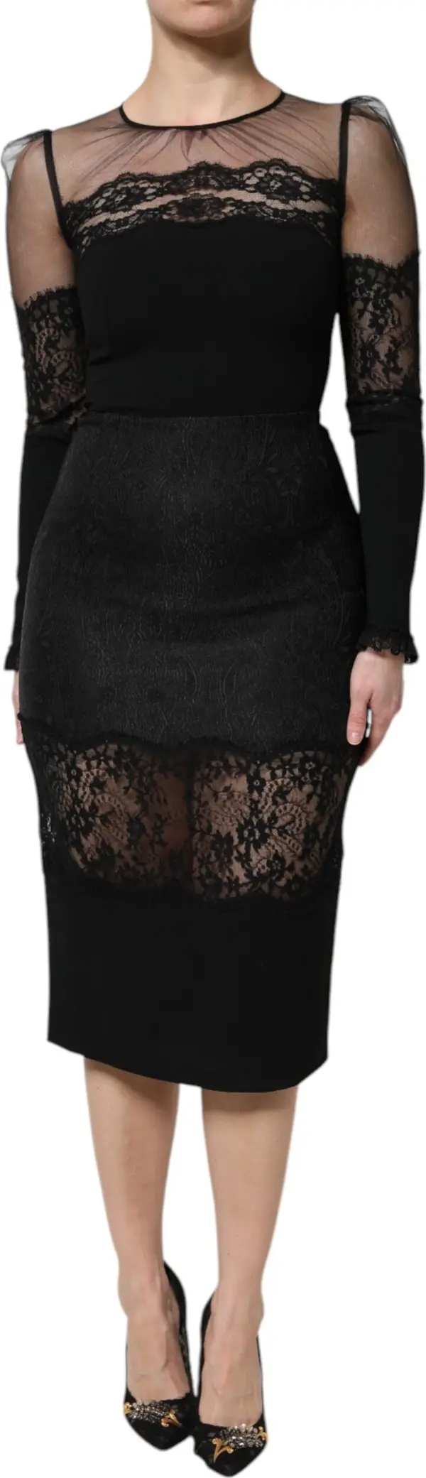 Black Lace Trim Nylon Tulle SheathMidi Dress