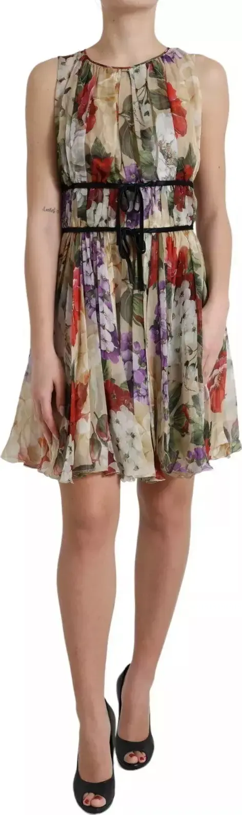 Beige Floral Sleeveless A-line Mini Dress