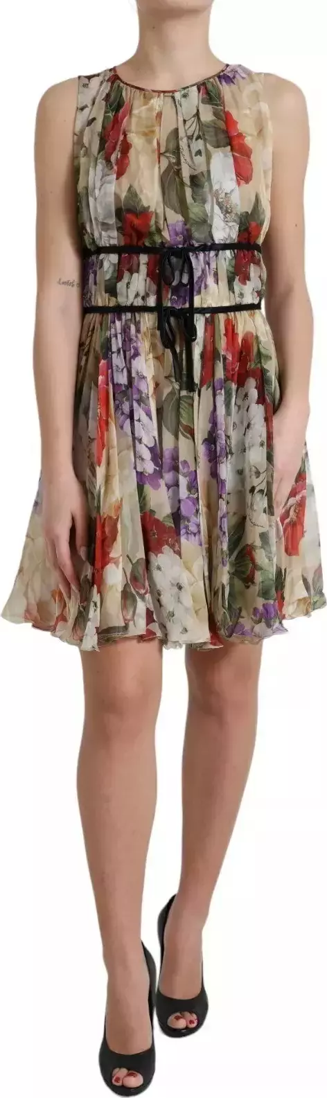 Beige Floral Sleeveless A-line Mini Dress