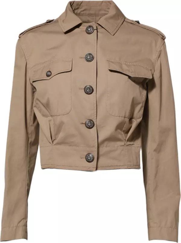 Beige Cotton Button Up Fitted Cropped Jacket