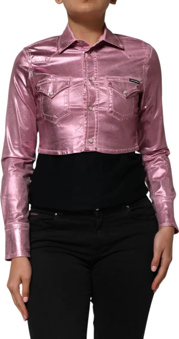 Pink Cotton Stretch Collared Cropped Jacket