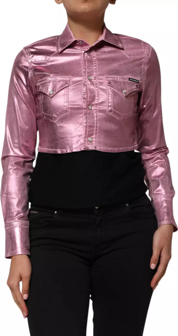 Pink Cotton Stretch Collared Cropped Jacket