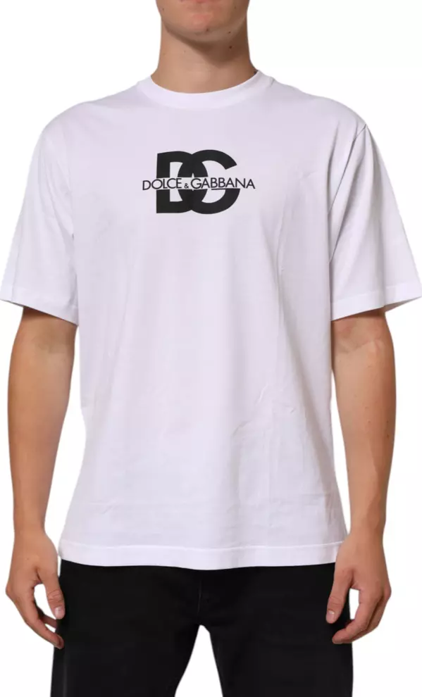 White Logo Print Cotton Crew Neck Men T-shirt