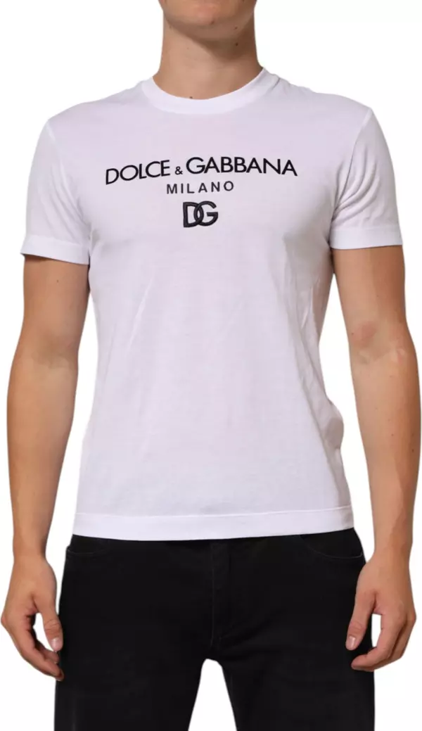 White Logo Print Cotton Men Crew Neck T-shirt
