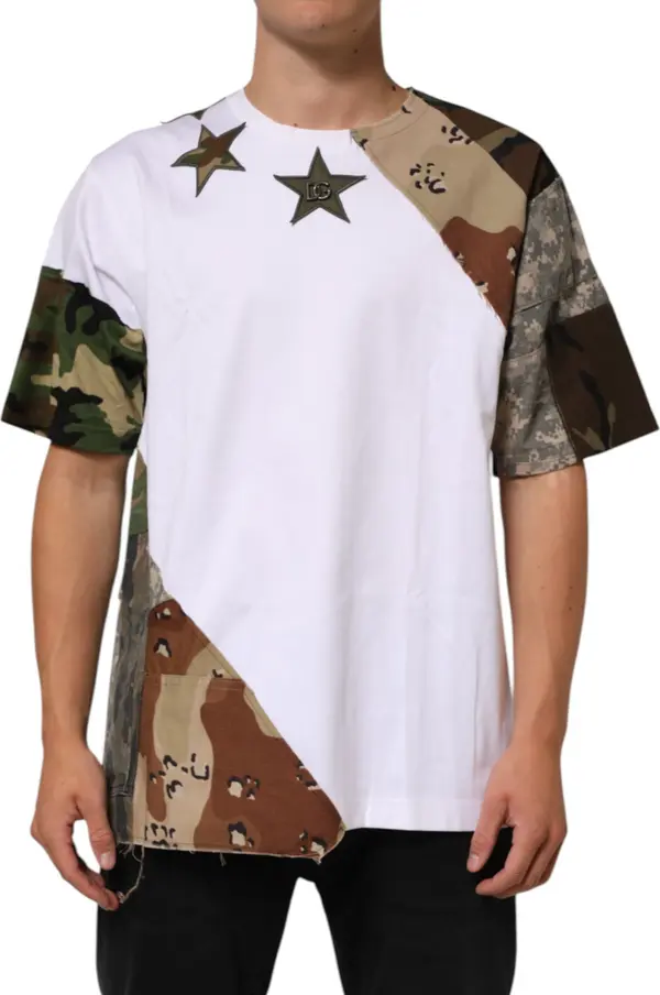 White Camouflage Patckwork Men Cotton T-shirt
