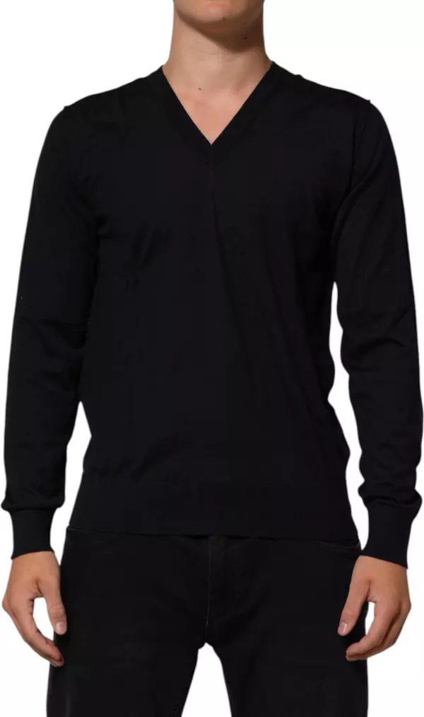 Black Cashmere Knit V-Neck Pullover Sweater