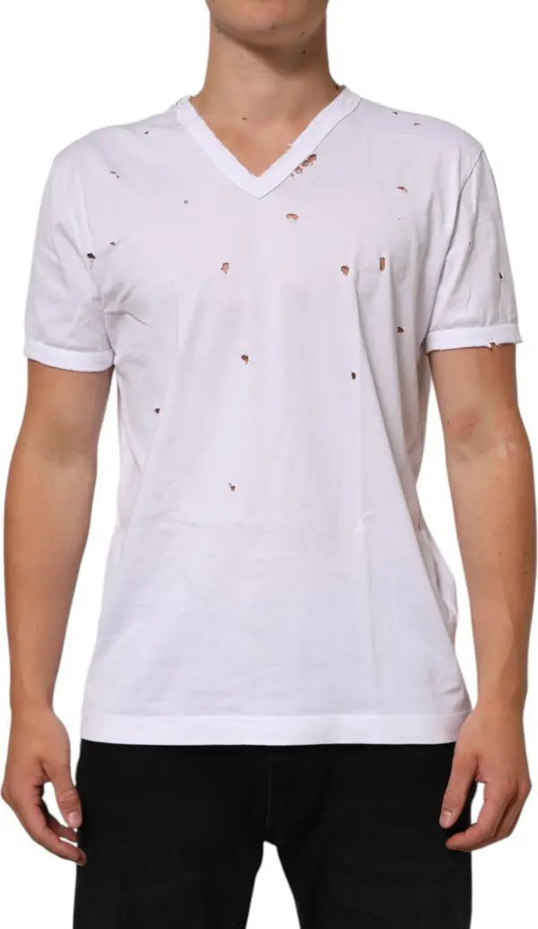 White Distressed Cotton V Neck Men T-shirt