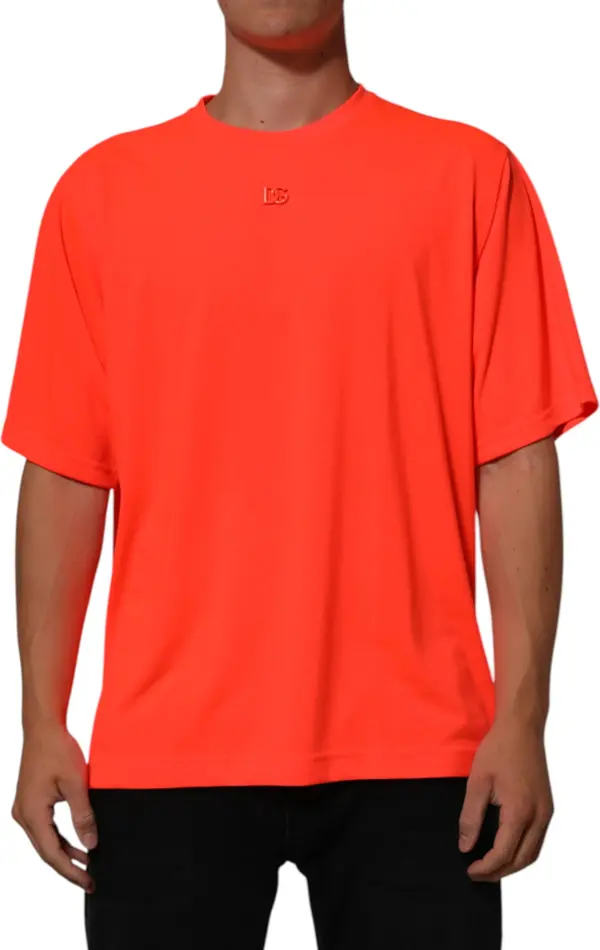 Neon Orange Polyester Men Crew Neck T-shirt