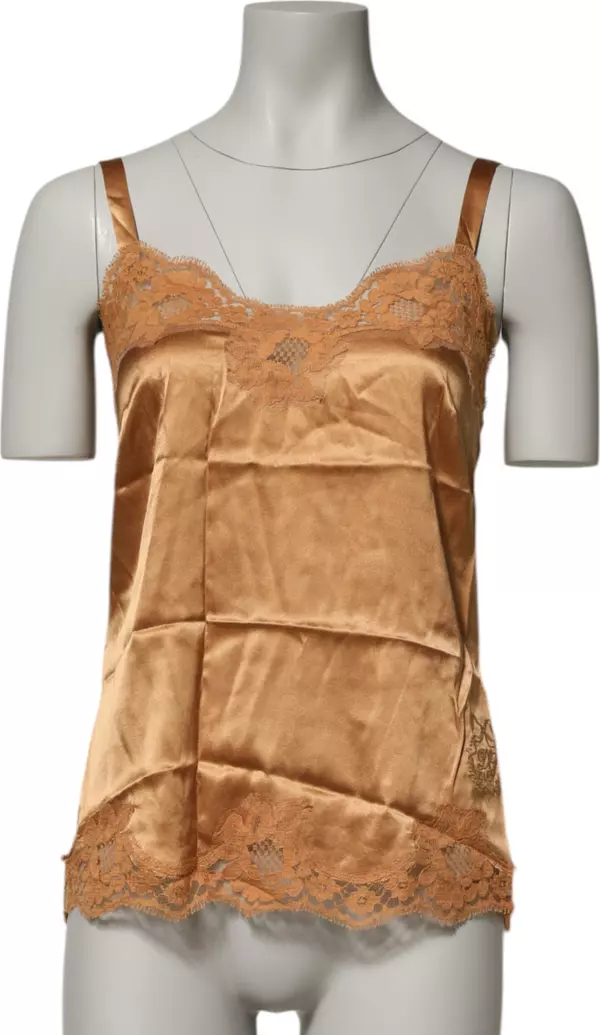 Brown Floral Lace Silk Satin Tank Lingerie Underwear
