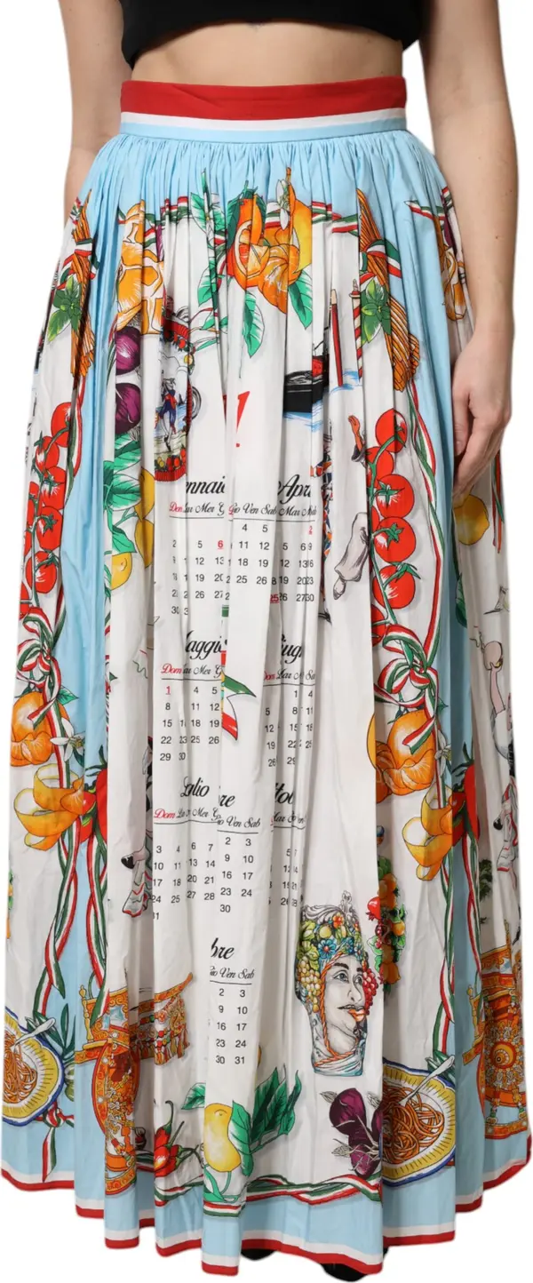 White Calendar Print Cotton Gathered Maxi Skirt