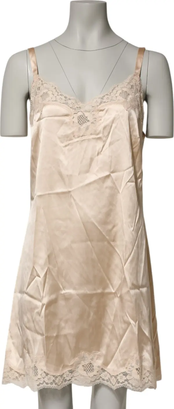 Nude Chemise Lingerie Silk Blend Lace Trim Dress