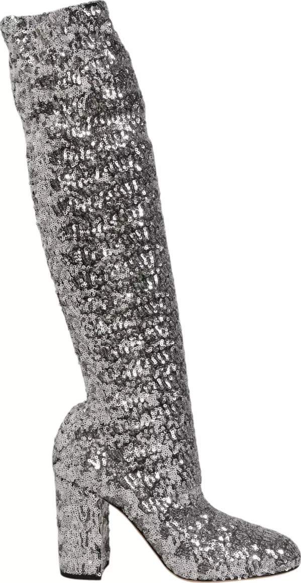 Silver Sequins Glitter High Heel Boot Shoes