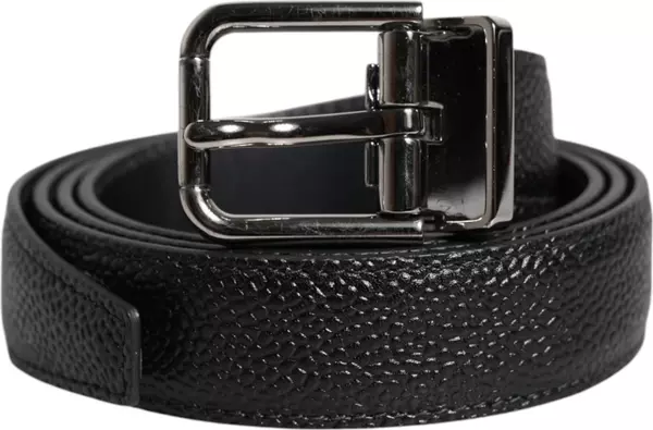 Black Textured Leather Silver Metal Buckle Men Belt