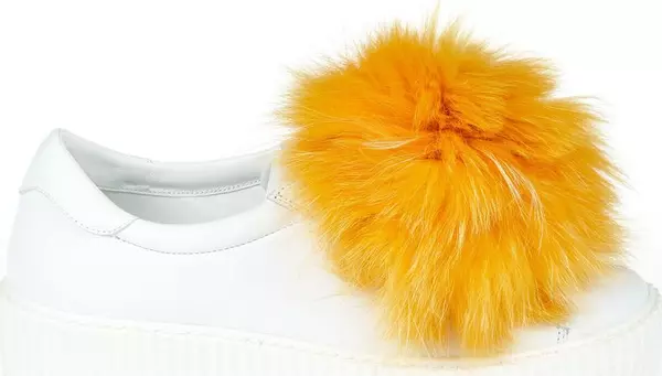 White Textile Women Sneaker With Real Fur Pom Poms