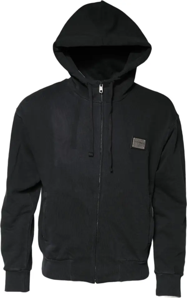 Black Logo Full Zip Hooded Men Sweatshirt Sweater