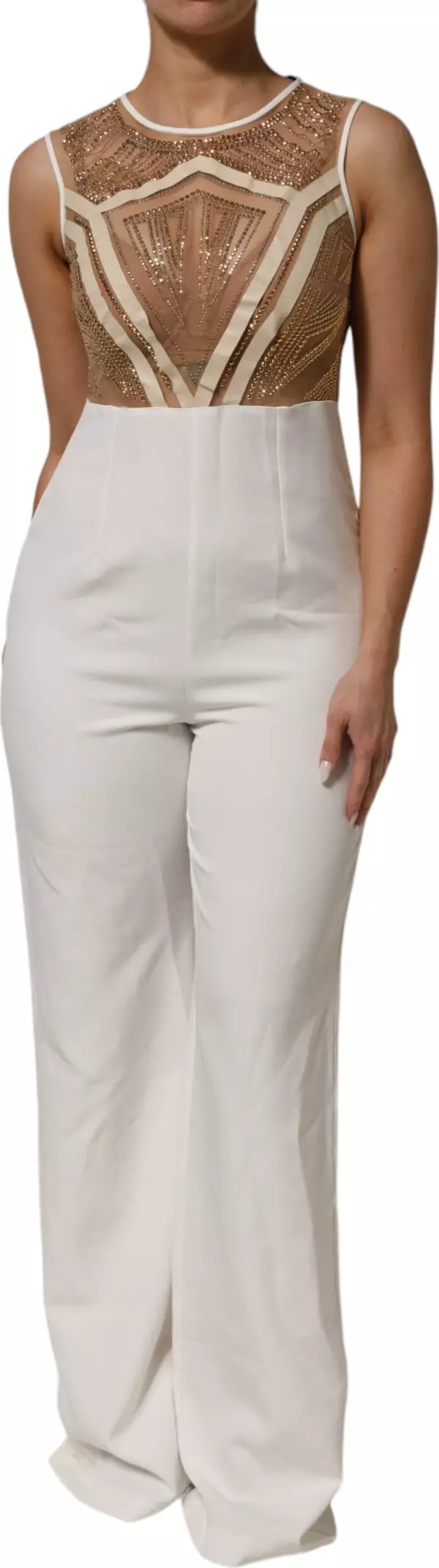 White Beige Mesh Crystal Embellished Sleeveless Jumpsuit