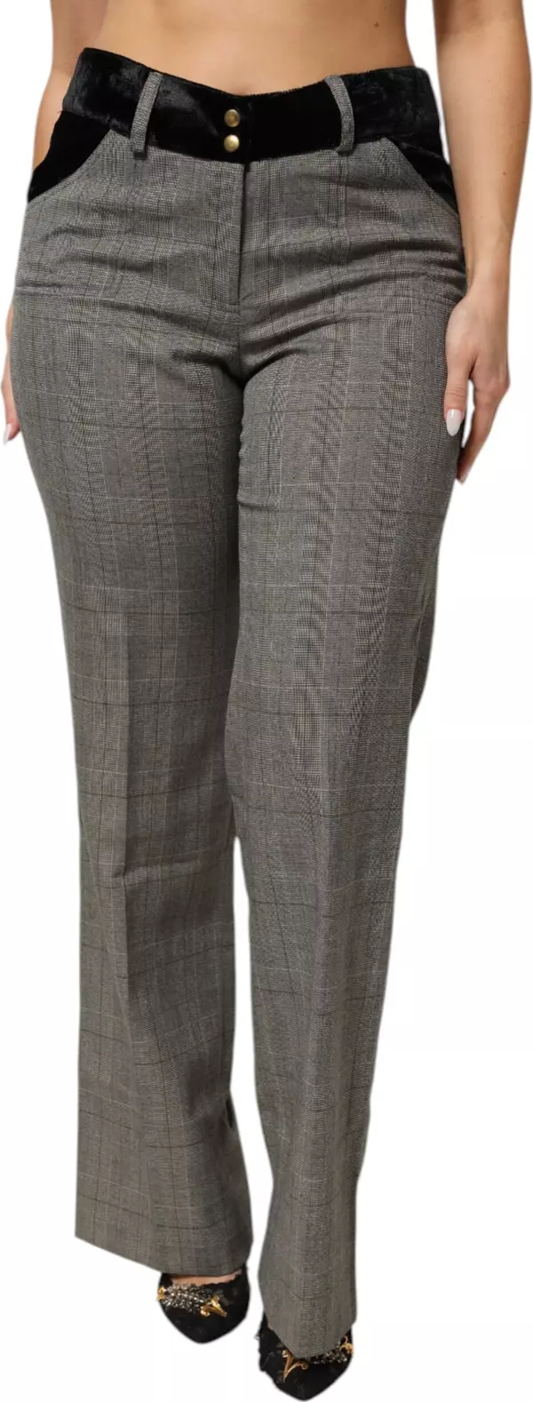 Gray Wool Blend Plaid Straight Leg Velvet Waist Pants