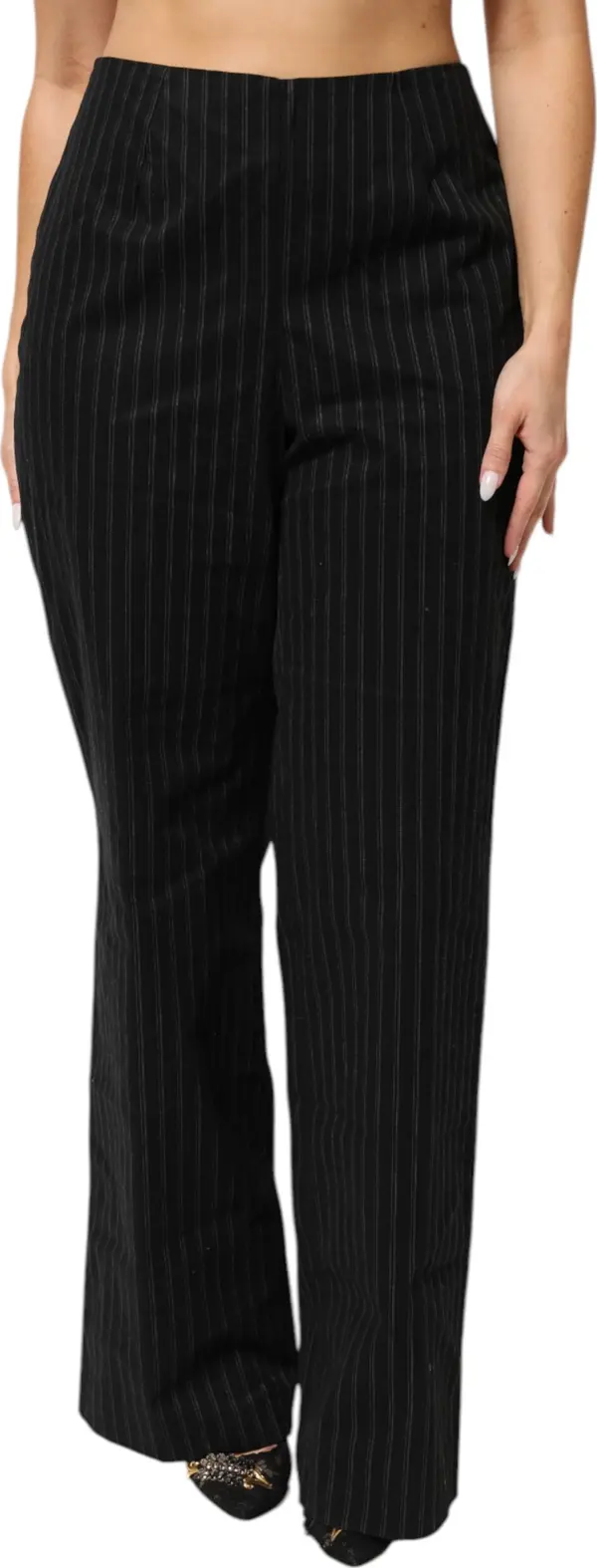 Black Wool Blend Pinstripe Straight Leg Pants