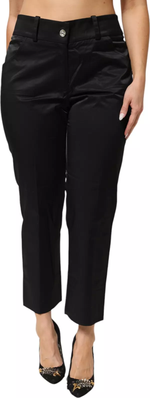 Black Cotton Blend Cropped Straight Leg Pants