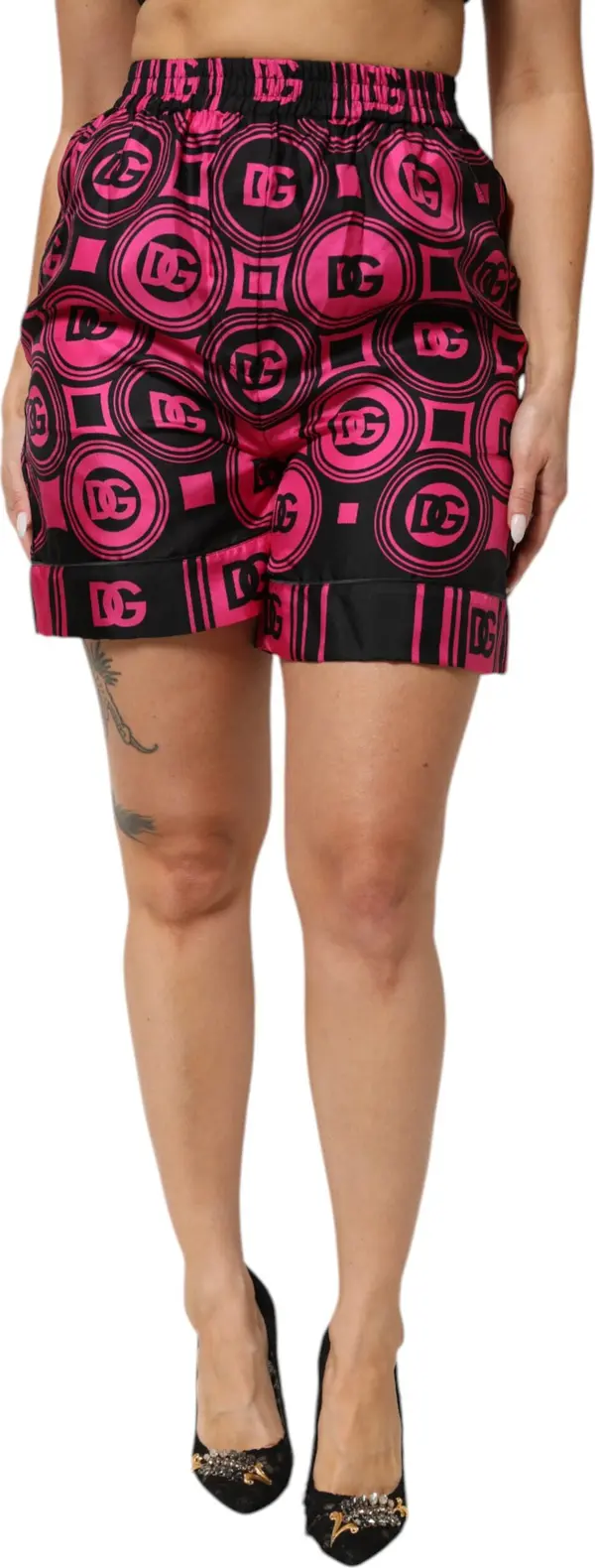 Pink Black Silk Logo Print DG Pattern Shorts