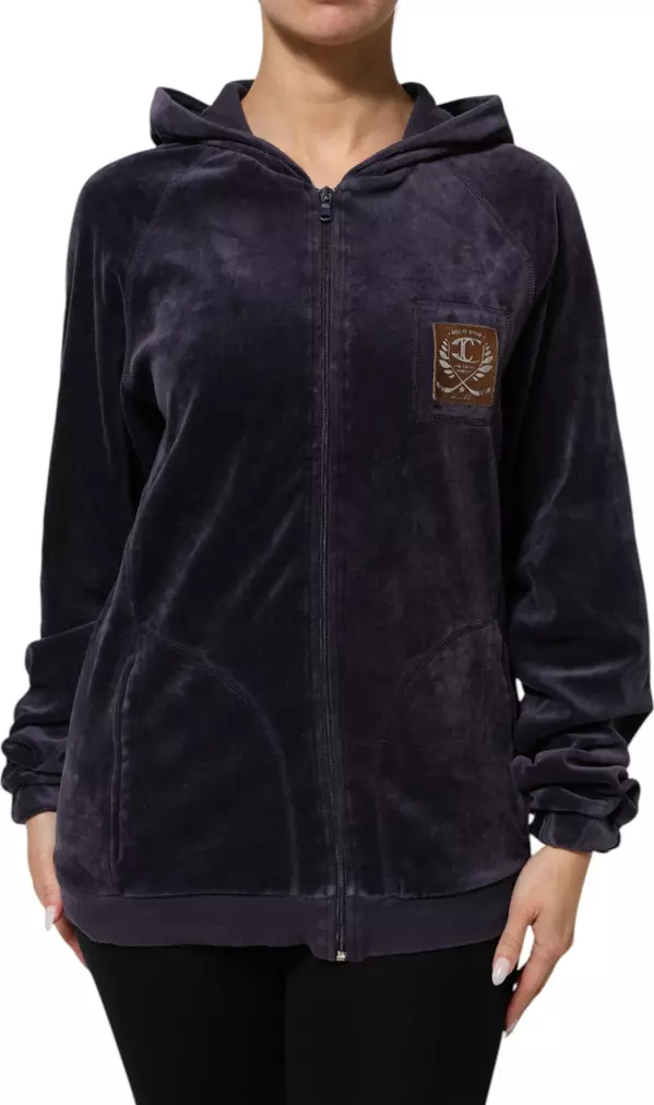 Purple Cotton Blend Velvet Zip-Up Hoodie Sweatshirt Sweater