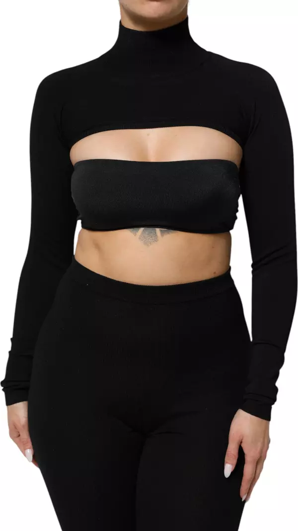 Black Viscose Turtle Neck Crop Pullover Top