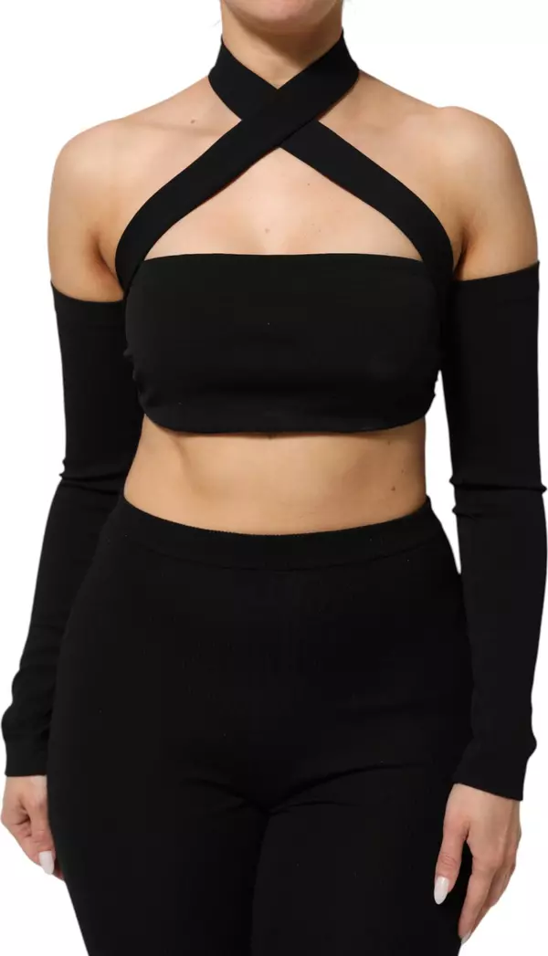 Black Viscose Halter Off Shoulder Cropped Top