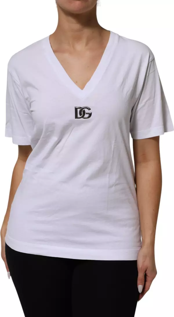 White Cotton V-Neck Short Sleeves T-Shirt