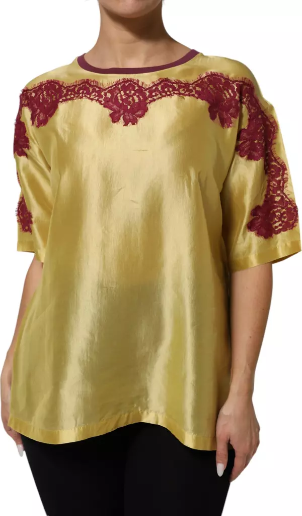 Yellow Silk Satin Floral Lace Short Sleeves Top