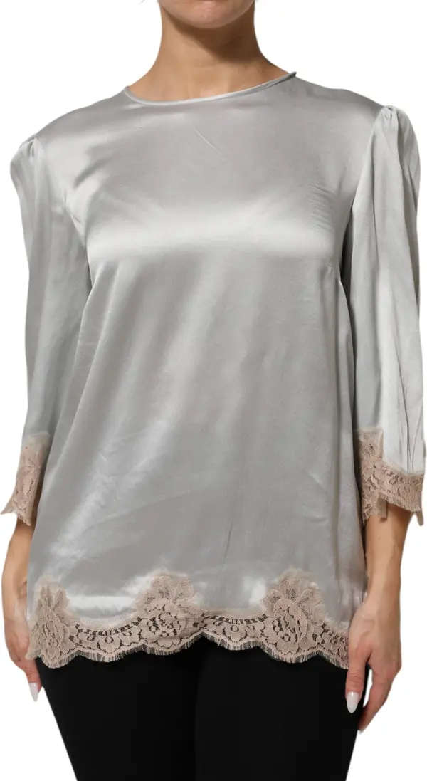 Gray Silk Satin Floral Lace Long Sleeve Top