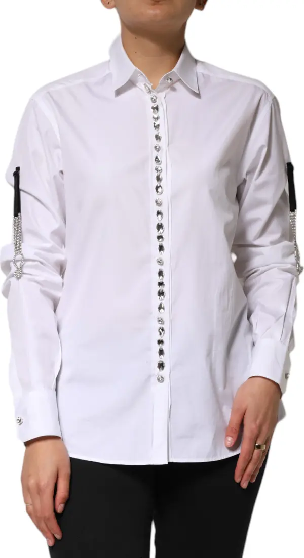 White Crystal Embellished Dress Shirt Top