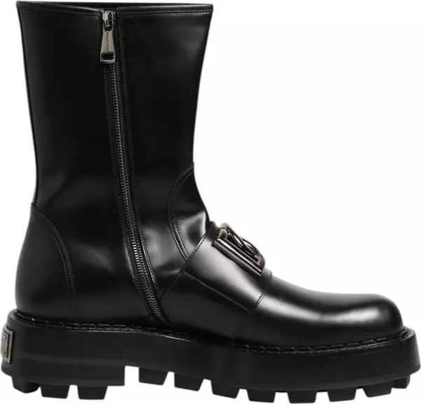 Black Logo Plaque Mid Calf Biker Boots Shoes