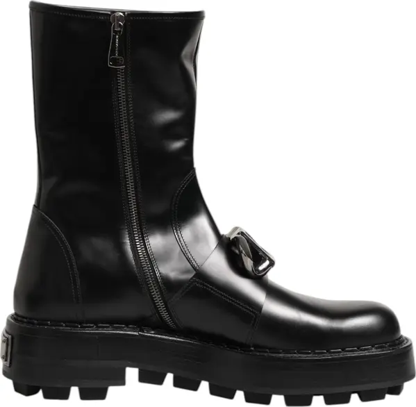 Black Logo Plaque Mid Calf Biker Boots Shoes